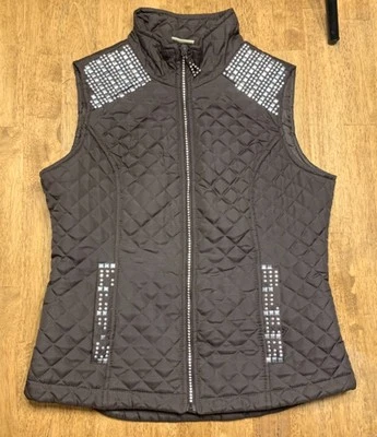 Quilted Rhinestone Vest Brown Cowboy Rockabilly Jewel Zip Up Studded Pockets - Image 1 of 4