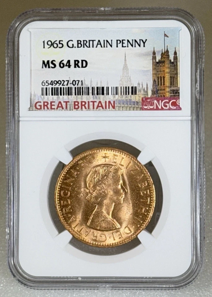 1965 GREAT BRITAIN BRITANNIA LARGE COPPER PENNY NGC MS64 RD LOW MINTAGE - Image 1 of 4
