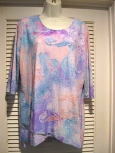 Calessa Tie-Dye Burnout Knit Round Neck 3/4 Sleeve Hi-lo Hem Tunic Top XL - Picture 1 of 7