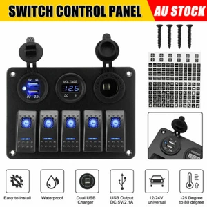 5 Gang 12V 24V Switch Panel ON OFF Toggle LED Rocker Dual USB Car Marine Boat RV - Picture 1 of 12