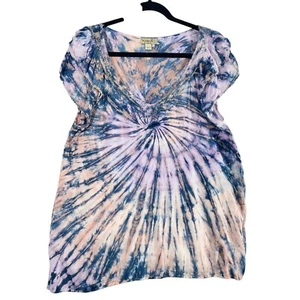One World Tie Dye Top Crochet Trim V Neck Blouse Bohemian Women's L - Bild 1 von 8