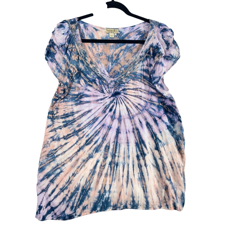 Blusa bohemia para mujer One World tie dye top con ribete de ganchillo cuello en V L Foto 1 de 4