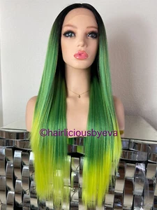 Pastel rainbow wig ombré black green yellow middle part 26 inch long straight - Picture 1 of 6