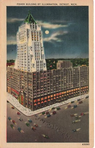 Fischergebäude bei Nacht Detroit Mi Michigan Vintage Leinen Postkarte 092023 - Bild 1 von 2