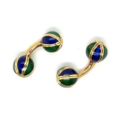 Gemelos de bola franceses vintage de oro de 18 quilates esmaltados verdes y azules Foto 1 de 4