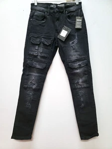 NEW SPARK PREMIUM 28X30 Stretch Slim Fit Ripped Distressed Denim Jeans Black Ash - Picture 1 of 9
