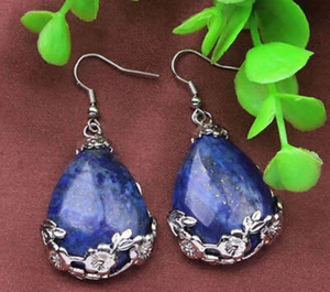 25X35MM Tibet 925 Silver Drop Lapis lazuli Flowers Gemstone Earrings Jewelry
