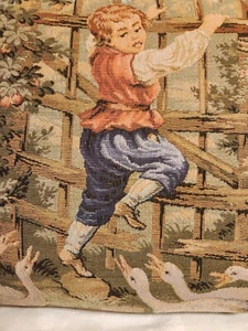 VTG.PILLOW COVER TAPESTRY W/ FRENCH COUNTRY GEESES CHASING A YOUNG BOY. - Picture 1 of 17