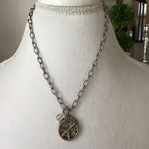 Peace Sign 3 Charm Necklace Silver Tone Oval Chain Coin Bead Boho Adjusts NEW - Picture 1 of 9
