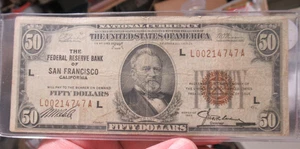 Billete de 50 dólares de San Francisco 1929 **moneda nacional**, regalo ideal 47 cumpleaños 4747 - Imagen 1 de 6