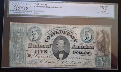 1861 Confederate States Currency T-33 $5 Plate H Legacy VF 25 Cancelled Net - Image 1 of 4