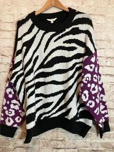 Terra & Sky Sweater Womens 2X Zebra Animal Print Pullover Plus Black Purple - Picture 1 of 12