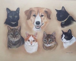 ELENCO PAT KRESGE (1929-2009) Cane e 6 Gatti QUADRO PASTELLO PA Artista 20x16  - Foto 1 di 12