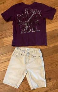 Size 7 Boys Toddler Shirt Short Set Shirt Flying V Guitar Stone Washed Shorts - Picture 1 of 24