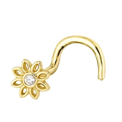 20G Solid 14K Gold Sunflower Nose Stud CZ Accented Nose Ring, L-Bend, Ball-end - Image 1 of 4