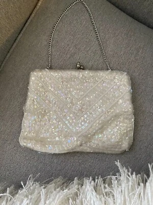 Vintage Chain Handle White purse Beautiful original handmade sequined JAPAN - Image 1 of 4
