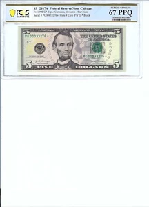 2017 $5 FRN FR1998-G* PCGS Bnk 67 PPQ, CHicago * Note S/N C00033276*!!! - Picture 1 of 2