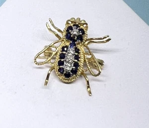 14k Gold Bumble Bee Pin Pendant Yellow Gold Sapphire & Diamonds 2.4 Grams - Picture 1 of 4