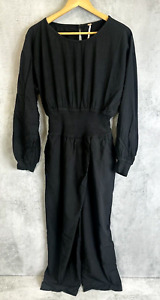 Free People Sonika Jumpsuit Small Black Crepe Shirred Waist Casual Long Sleeve