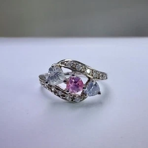 Sterling Silver 925 Bypass Ring Heart & Round Cut Gemstones Pastel Colours N 1/2 - Picture 1 of 15