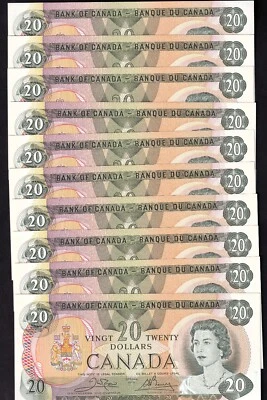 Canada 1979 $20 Twenty Dollar Banknotes Crow - Bouey 10 Consecutive UNC Notes - Image 1 of 2