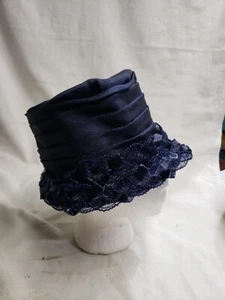 1950s Women’s Blue Bucket Hat Pleated with Lace & Ribbons  822 - Picture 1 of 8