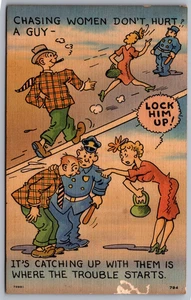 1950s Chasing Women Don't Hurt A Guy Policeman Postcard Sexist Humor - Picture 1 of 2