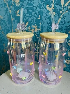 Tk Maxx Bow Glass Jar Mug With Glass Straw Set Of Two 3D Bows Iced Coffee Summer - Picture 1 of 3