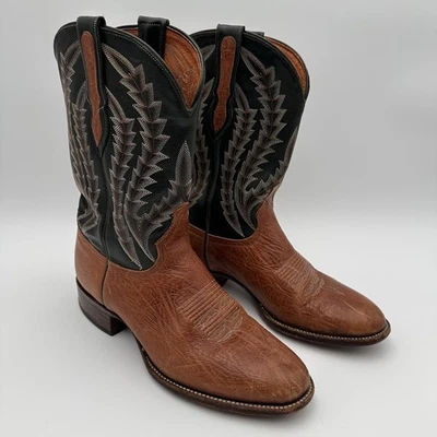 Botas de caubói masculinas de couro marrom macio feitas à mão LARRY MAHAN tamanho 8D EUA - Imagem 1 de 4