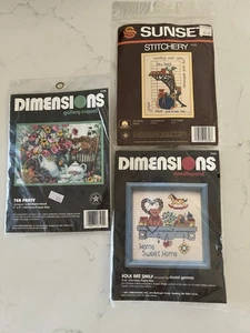 Lot Of 3 Stitchery Kits Dimensions, Sunset-School Days,Folk Art Shelf,Tea Party - Picture 1 of 5