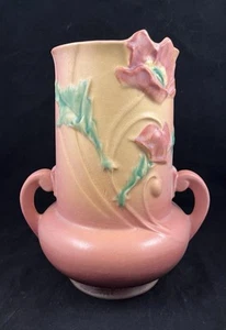 1938 ROSEVILLE POTTERY Poppy 2-Handled Pink 9” Vase #873-9 - Picture 1 of 6