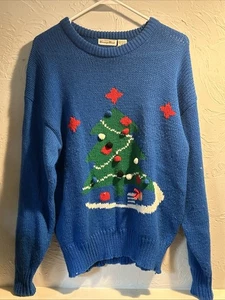 Suéter De Navidad Feo De Colección Para Mujer Carro Corte Árbol de Navidad Azul Talla Mediana - Imagen 1 de 4