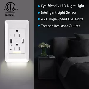 High Speed Dual USB Charger Wall Outlet 4.2A Receptacle w/ Smart Auto Nightlight - Picture 1 of 10
