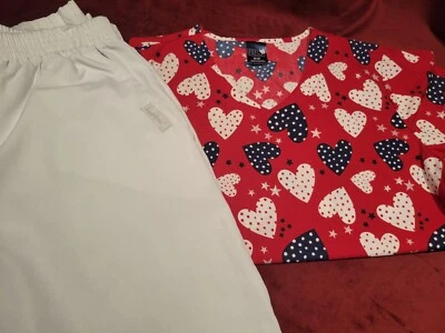 Ladies Scrubs.   Size Medium.  White Landau Pants.  Patriotic Zoe + Chloe Top. - Image 1 of 4