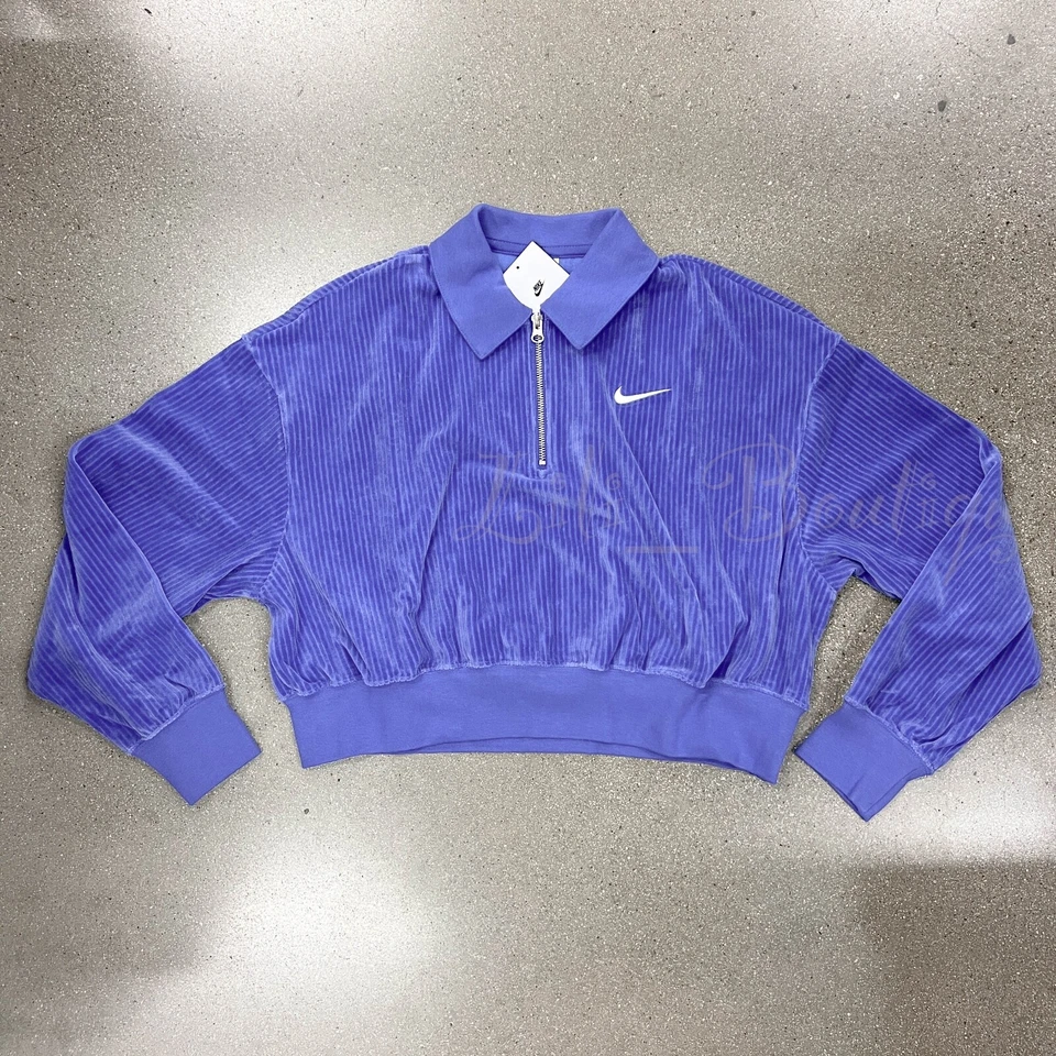 Nike DQ5938-430 Women Sportswear Long Sleeve Velour 1/4-Zip Top Lapis/Sail M