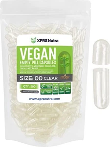 Size 00 Clear Empty Vegan/Vegetable Vegetarian Pill Capsules Veg Vcaps USA Made - Picture 1 of 12