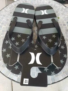 HURLEY BLACK GREY STARS & STRIPES PATRIOTIC RUBBER FLIP FLOPS SANDALS SIZE 12 - Picture 1 of 8