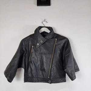 Rhys Dwfen Kid's Zip Up Collared Casual Outdoor Leather Jacket Black Medium - Picture 1 of 9