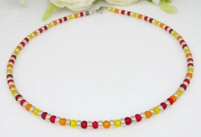 Halskette Kette Glasperlen matt 4mm matt gelb orange hell dunkel rot silber 032f - Bild 1 von 4