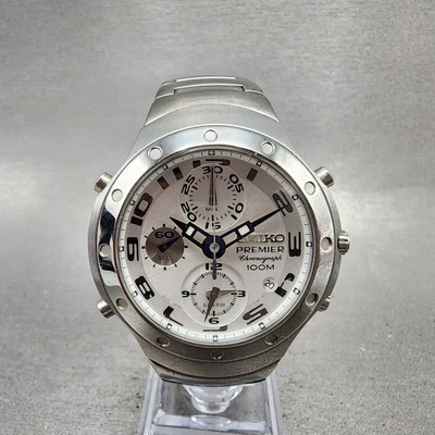Мужские часы-хронограф Seiko Premier 40 мм белый циферблат серебристый цвет дата новый аккумулятор - Изображение 1 из 4