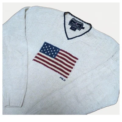 Polo Deportivo Años 90 Tejido a Mano Bandera de EE. UU. Suéter M De Colección Crema Envío Gratis Foto 1 de 4