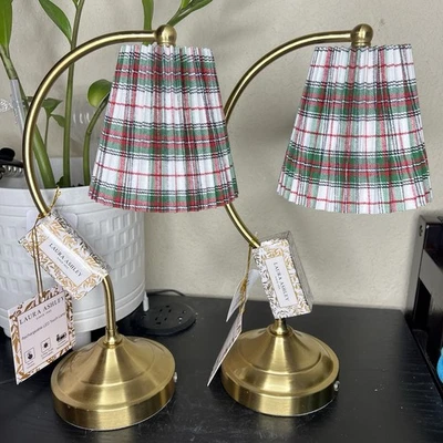 NEW Laura Ashley 14” Lamp Rechargeable LED Touch Lamp with White Plaid Shade Set - Image 1 of 4