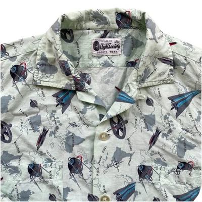 Vintage 50s Atomic Loop Shirt Small Cotton High Society Space Rocket Map Green - Image 1 of 4