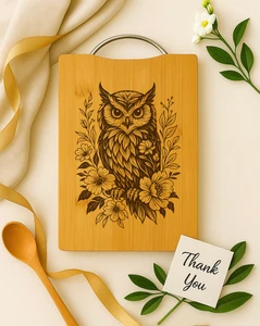 Schneidebrett Eule graviert Bambus, rustikal Wald Küchendeko, Weihnachtsgeschenk - Bild 1 von 4