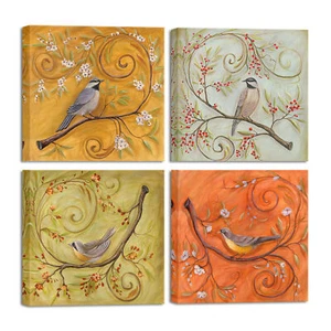 4 Birds on Blooming Trees Animal Floral Canvas Wall Art for Home Decorations - Picture 1 of 6
