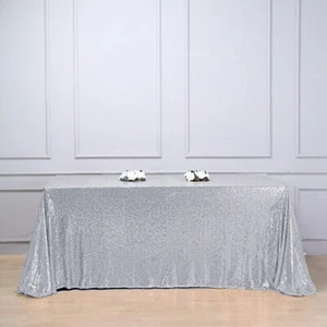 90x132" Silver SEQUIN RECTANGLE TABLECLOTH Light Gray Party Catering Linens SALE - Picture 1 of 8