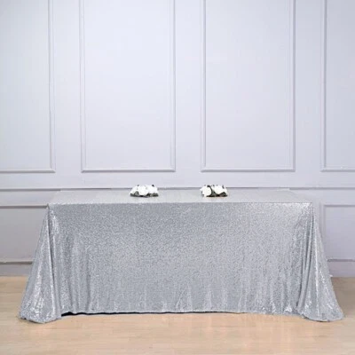 90x132" Silver SEQUIN RECTANGLE TABLECLOTH Light Gray Party Catering Linens SALE - Image 1 of 4