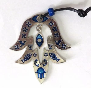 Judaica 4" x 2,5" Wandbehang Metall Hamsa mit bösem Blick und Fischen - Bild 1 von 3