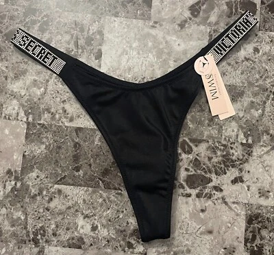 NWT VICTORIA'S SECRET BLACK SILVER RHINESTONE SHINE STRAP THONG BIKINI BOTTOM - Image 1 of 3