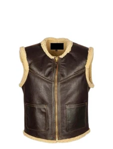 Men's Black Leather Aviator Vest with Fur Shearling Lining, RAF B3 Bomber Flight - Picture 1 of 3